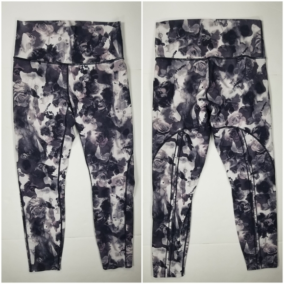 Lululemon Sz 8 Leggings High Rise Back Leg Stitch Gray Floral - Picture 1 of 5